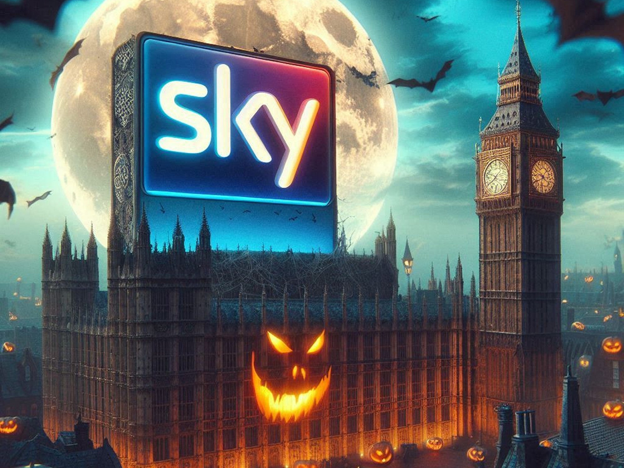 Sky-Logo vor einem Halloween-HIntergrund.