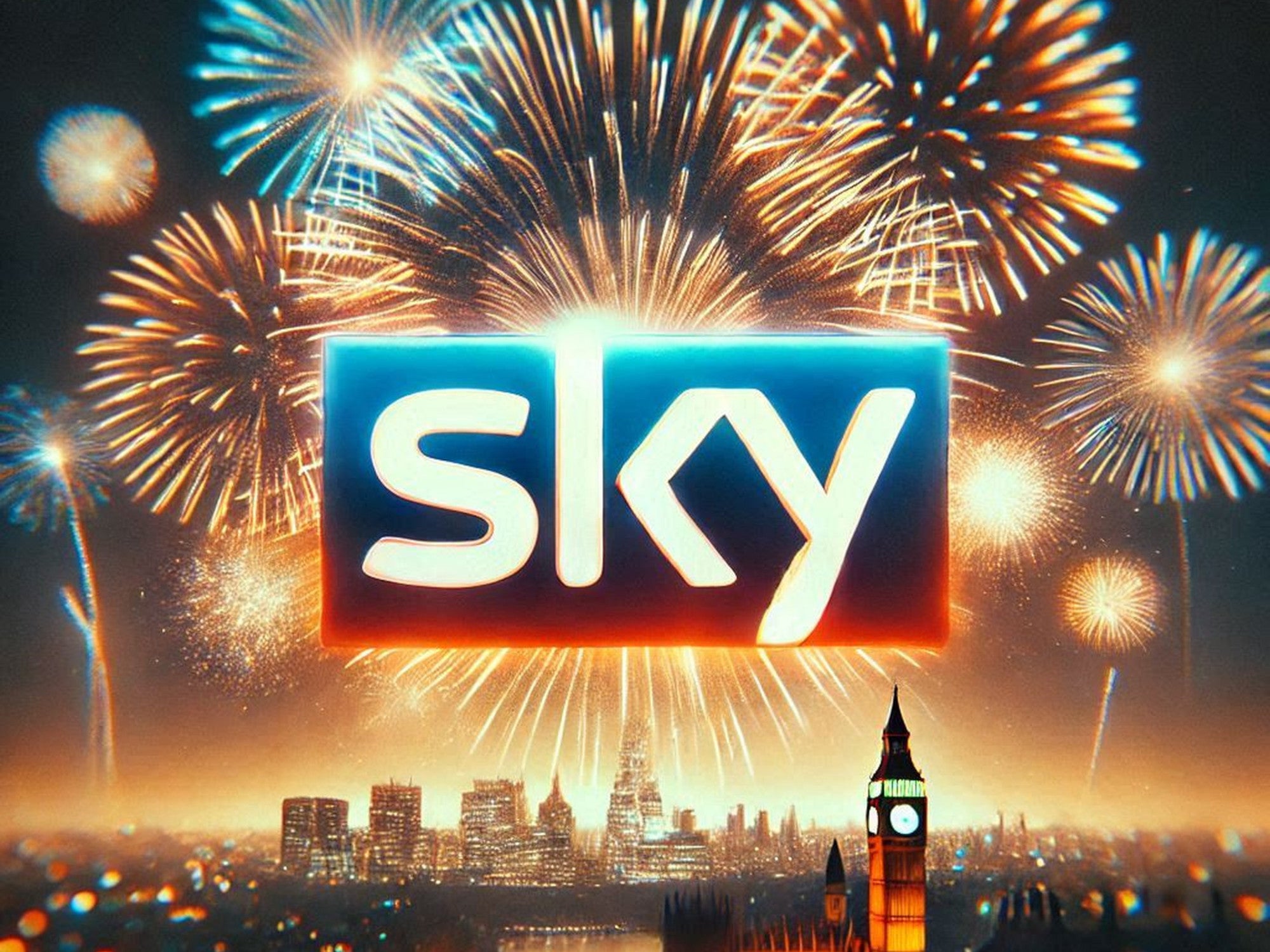 Sky-Logo vor einem Feuerwerk.