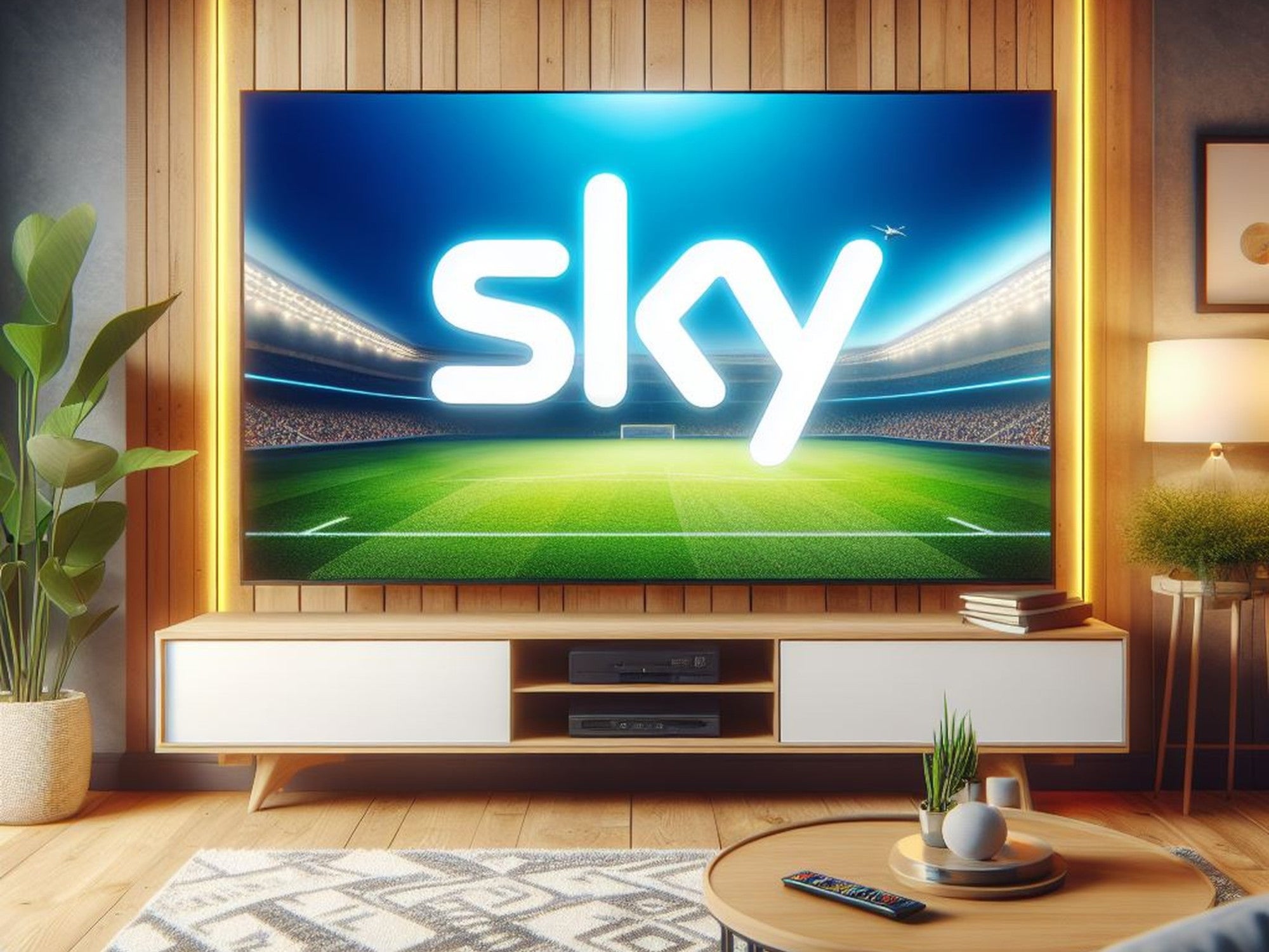 Ein Fernseher mit einem Sky-Logo und einem Fußball-Stadion