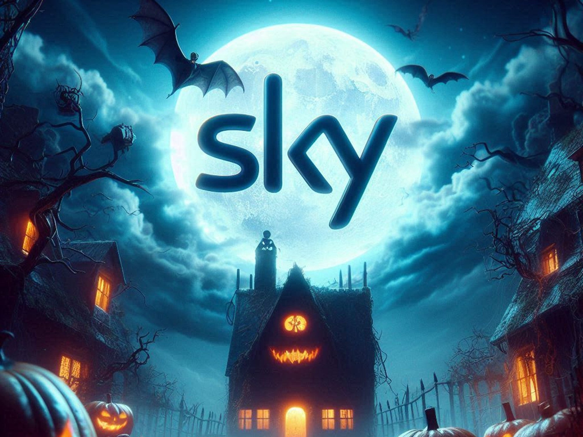 Logo von Sky vor einem Halloween-Hintergrund.