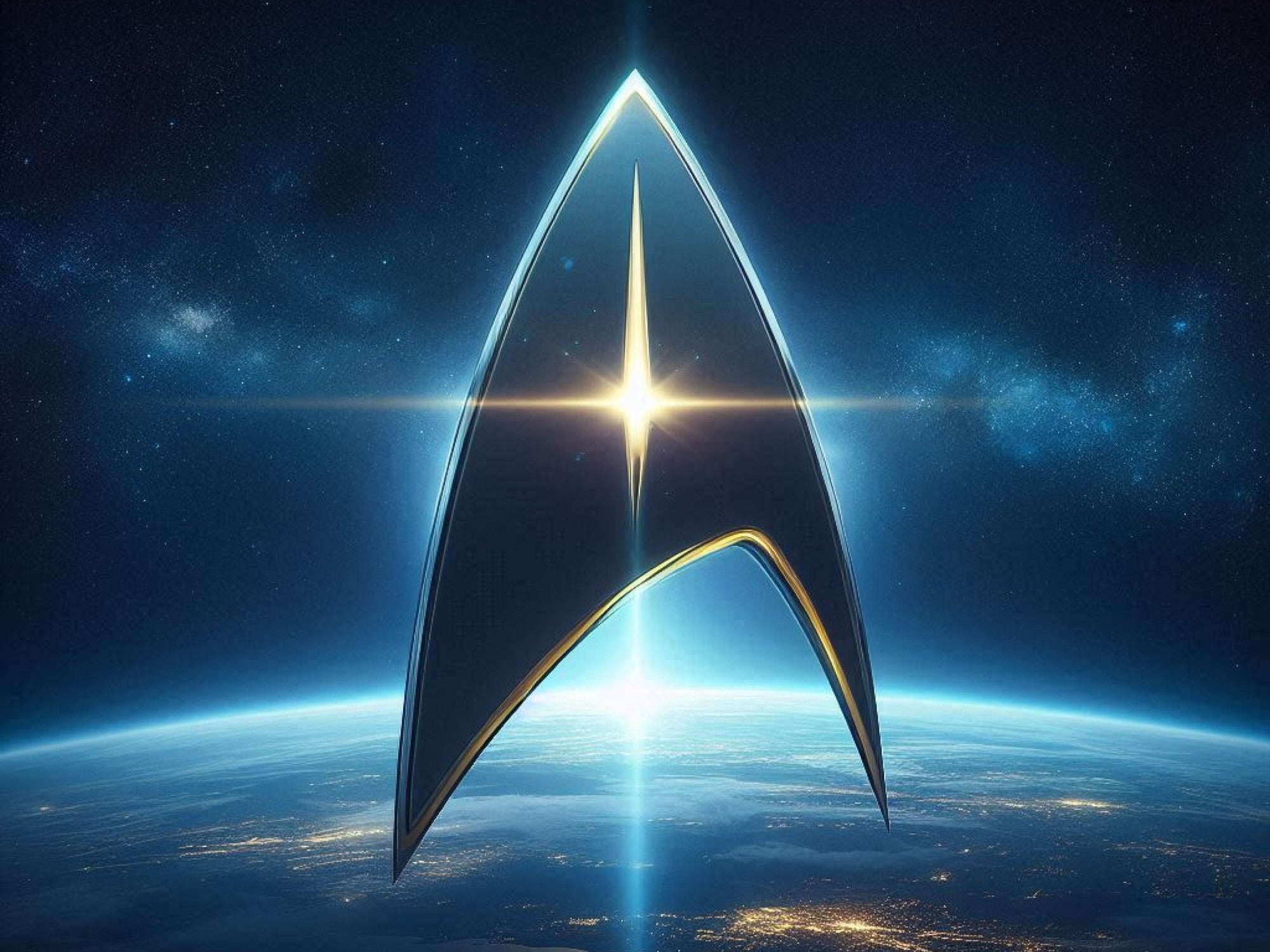 Star Trek Logo vor Weltraum-Hintergrund.