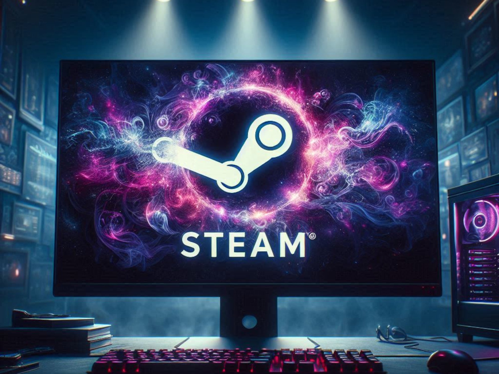 Das Steam Logo auf einem Monitor