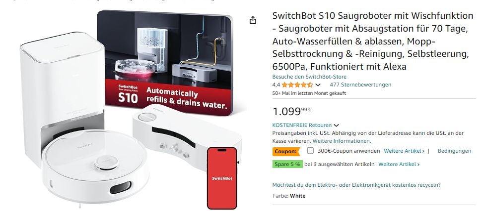 Mit Rabatt bei Amazon: Der SwitchBot S10 Saug-Wisch-Roboter mit Dual-Station