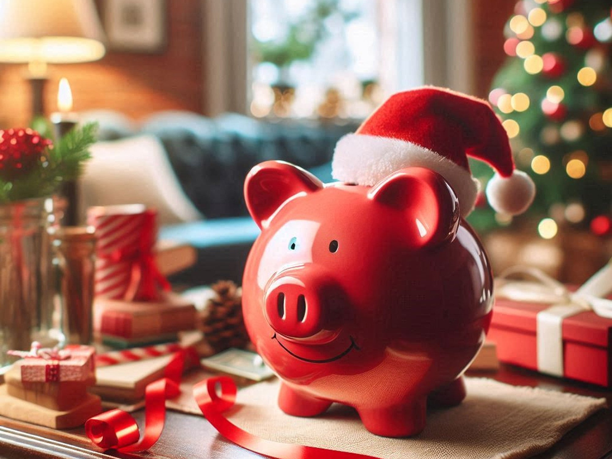 Sparschwein steht auf einem Schreibtisch in weihnachtlicher Atmosphäre.