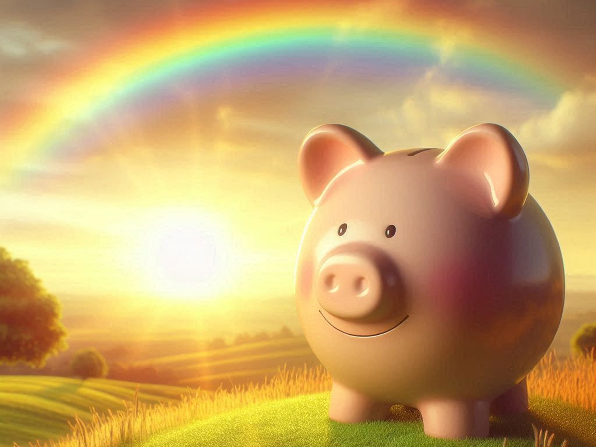 Sparschwein steht vor einem Regenbogen.