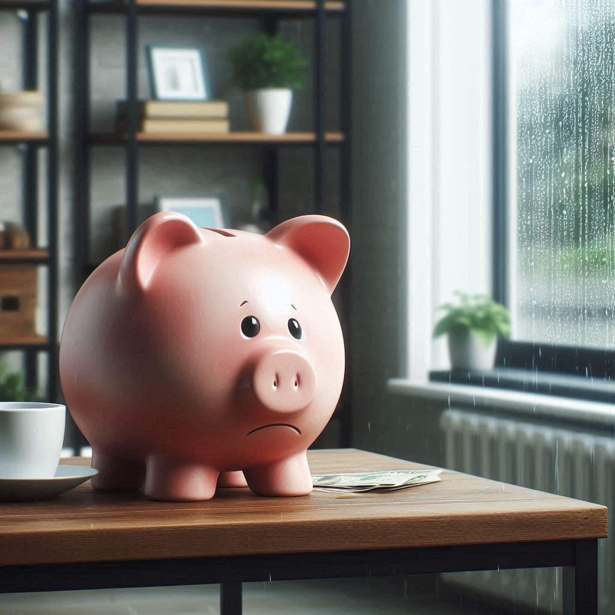 Sparschwein steht vor einem Regenfenster auf einem Schreibtisch.