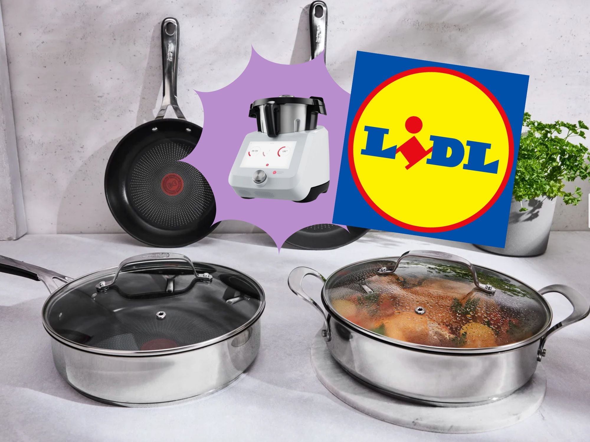 Tefal-Pfannen auf einem Herd in einer Küche mit Lidl-Logo