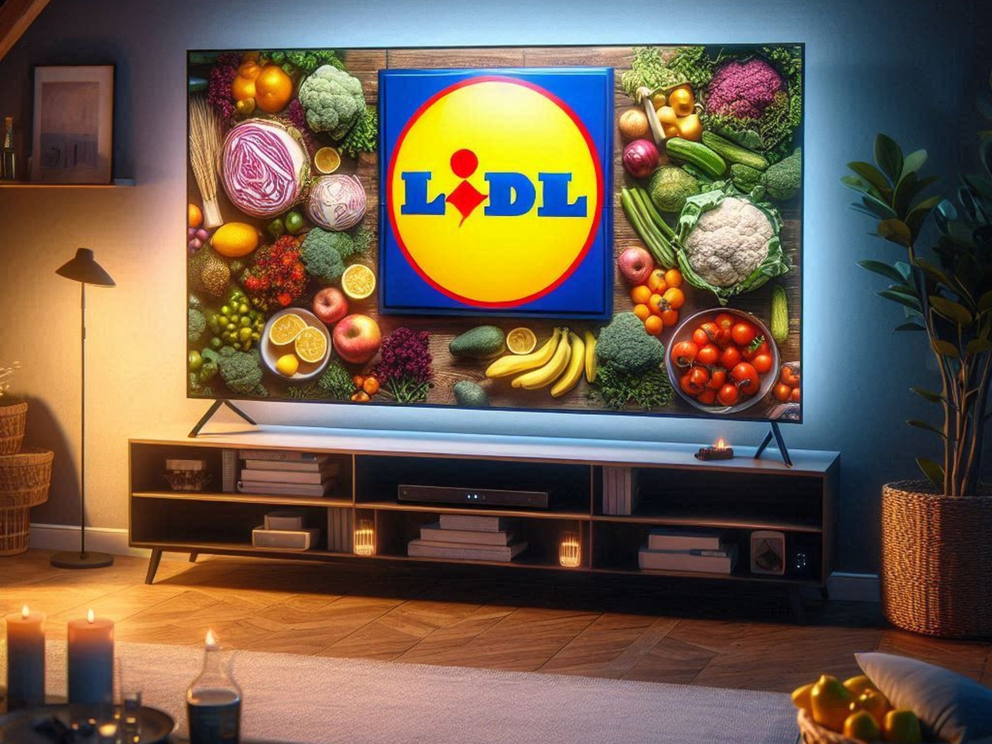 Fernseher mit Logo von Lidl auf dem Display in einem Wohnzimmer.