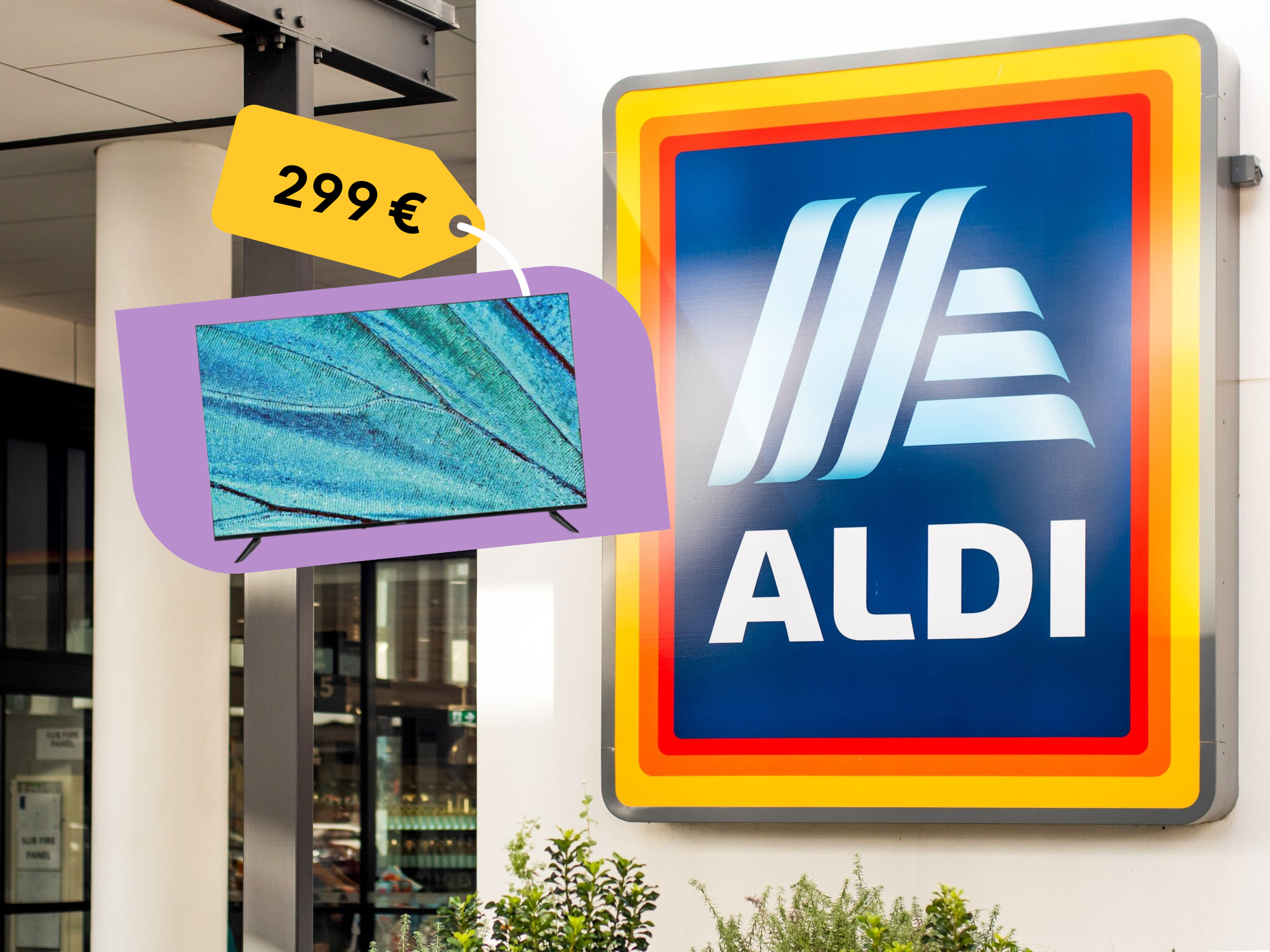 Aldi-Logo mit einem UHD-Fernseher für 299 Euro