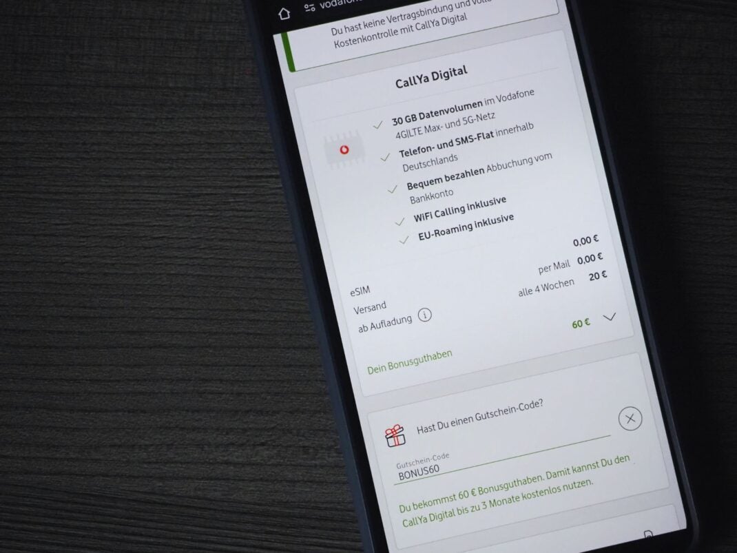 Vodafone CallYa Digital Buchung mit 60-Eurp-Bonus