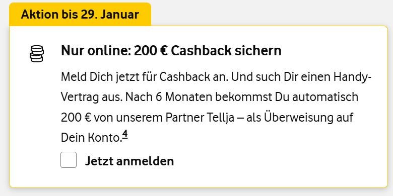 Dialogfeld auf der Vodafone-Website, in dem für 200 Euro Cashback geworben wird