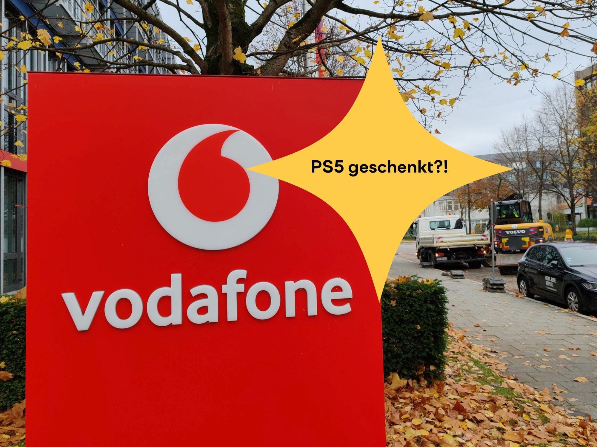 Vodafone Store Logo auf einer herbstlichen Straße