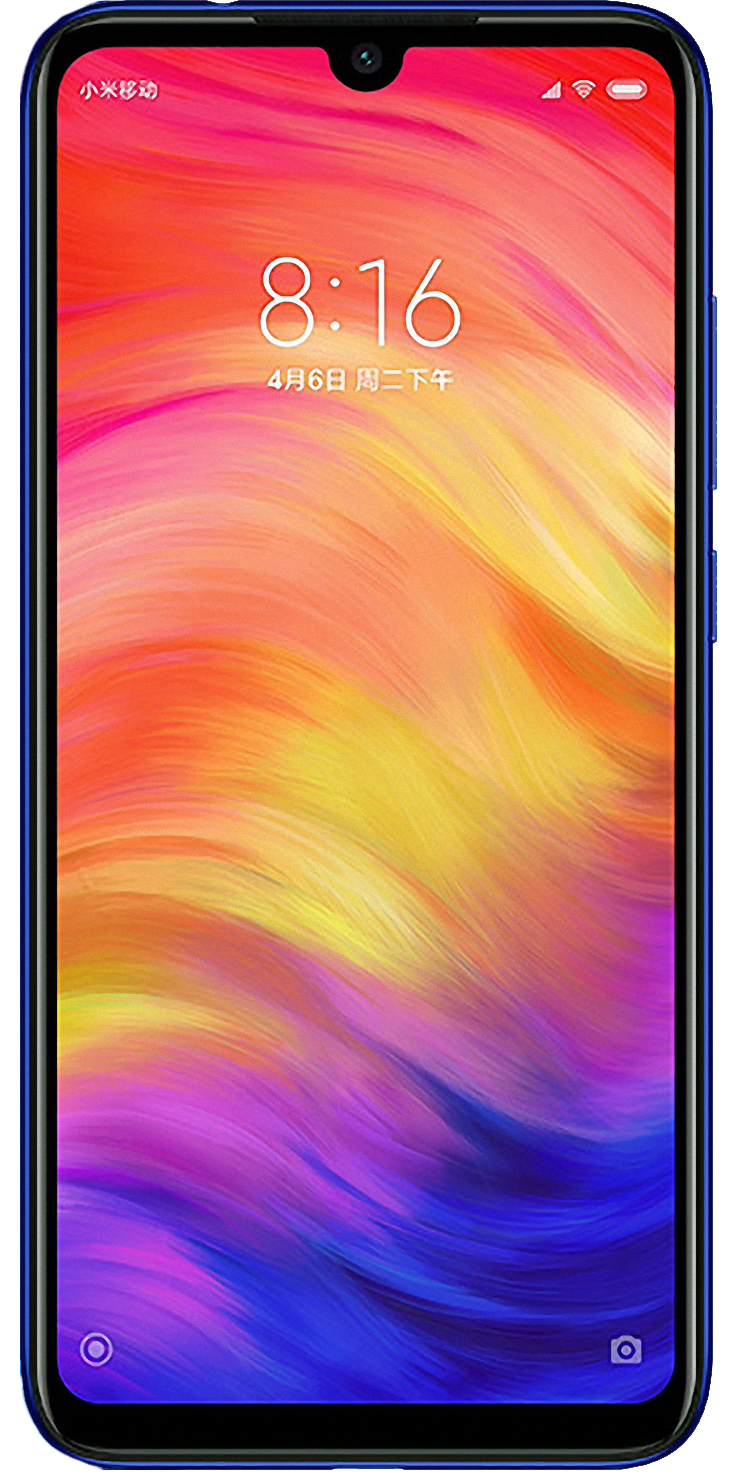 Das Xiaomi Redmi Note 7 Pro in Blau in der Frontalansicht.