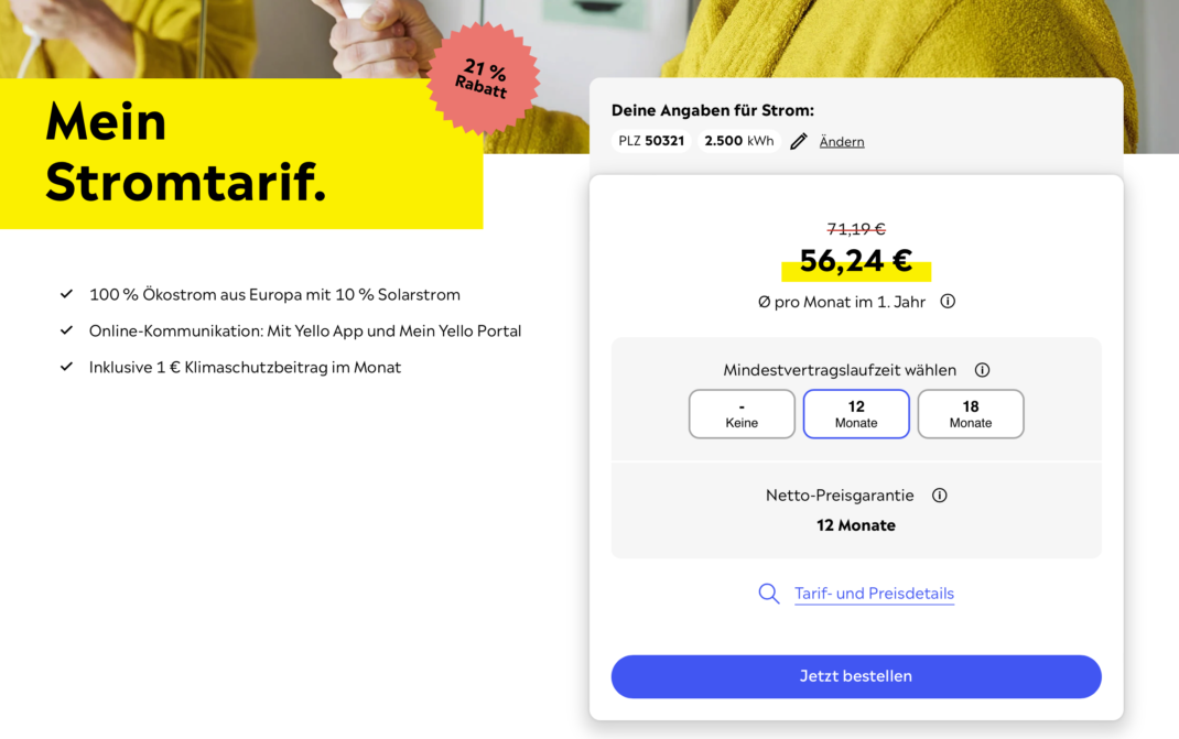 Yello Strom über 20 Prozent Rabatt